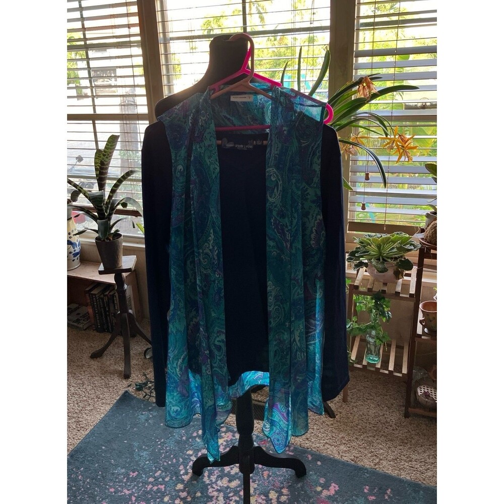 3 Piece Susan Graver Set V-Neck Slinky Tee Size L Flowing Duster & Beads BLUE